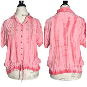 Sack’s | Women | 100% Silk Embroidered Tie Dye Cinch Boxy Button Up Blouse | M-L
